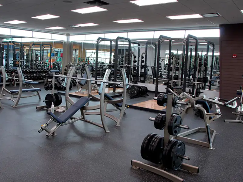 An assortment of workout equipment in a public gymnasium.