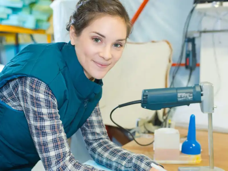 Woman posing in a trades shop.
