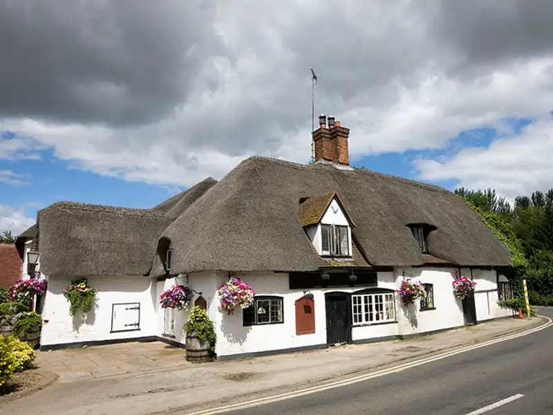 Street view of a white thatched-roof house with flowers adorning the facade.