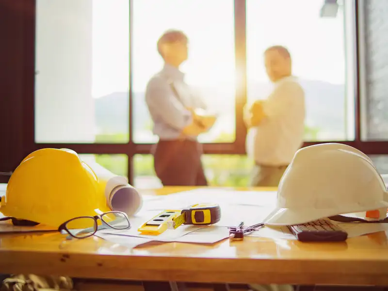 Two hardhats site on a table with construction administrators in the background.