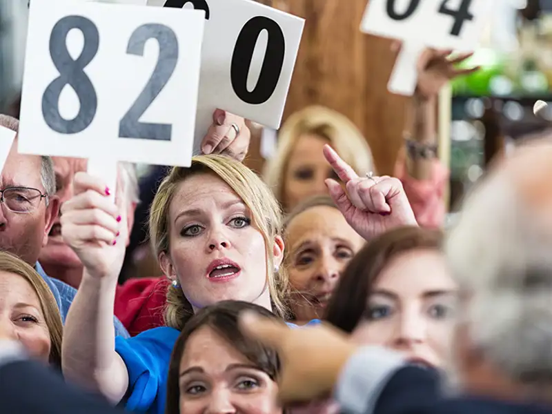 A crowd of bidders raise their paddles at a public auction.