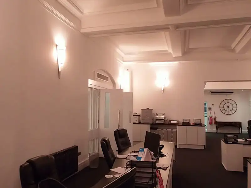 Interior of an insurance company office.