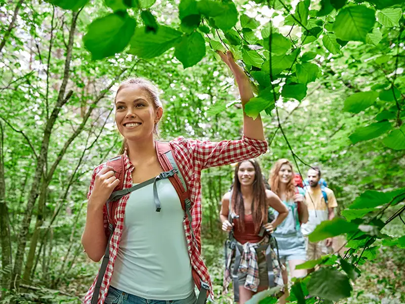 Young people hike on a trail through a forested area.