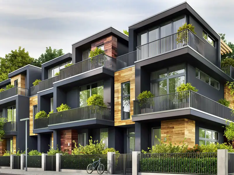 The exterior of a unique modern home.