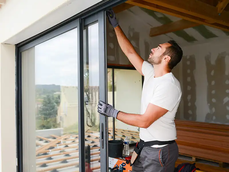 A man installing a sliding glass door in a residential home.