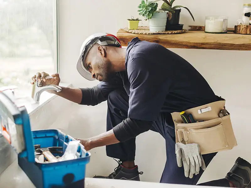 A kneeling worker in a white hardhat searches in a blue plastic toolbox.