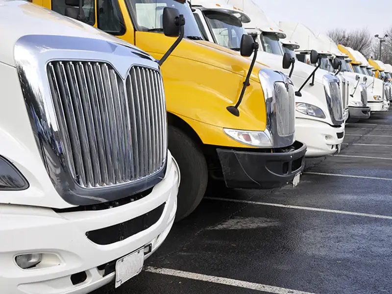 A line of white and yellow lorry cabs in a parking lot.