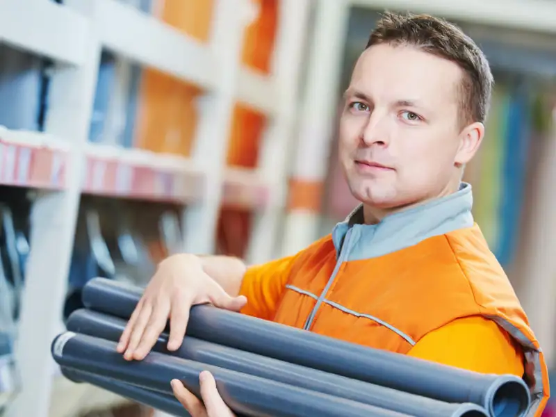 Tradesman holding plumbing supplies at hardware store.
