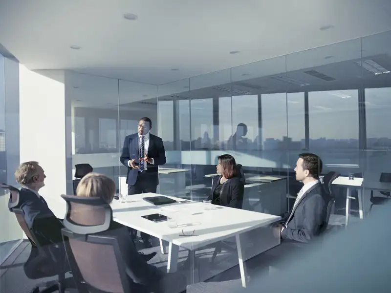 An standing executive addresses a board of directors in a conference room.