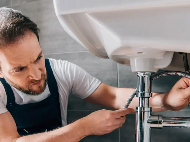 Plumber working under a residential bathroom sink.