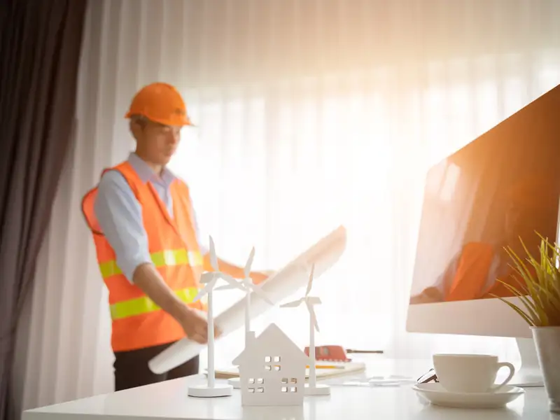 A contractor studies site plans in an office.