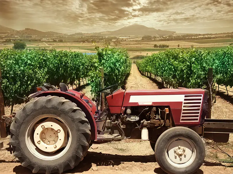 A small tractor parked at the edge of a field full of crops under a partly cloudy sky.